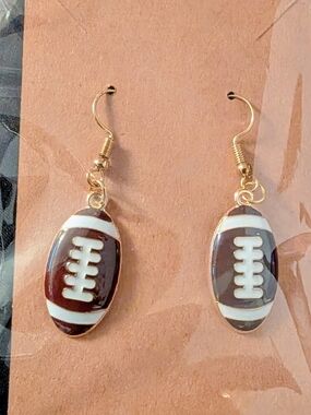 Hand Crafted Brown and White Football Dangle Earrings